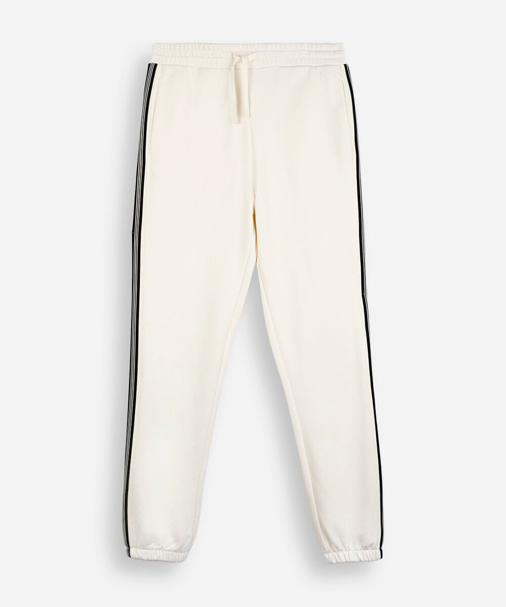 calça juvenil jogger de moletom com listra lateral bege