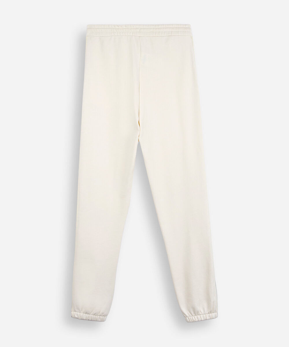 calça juvenil jogger de moletom com listra lateral bege