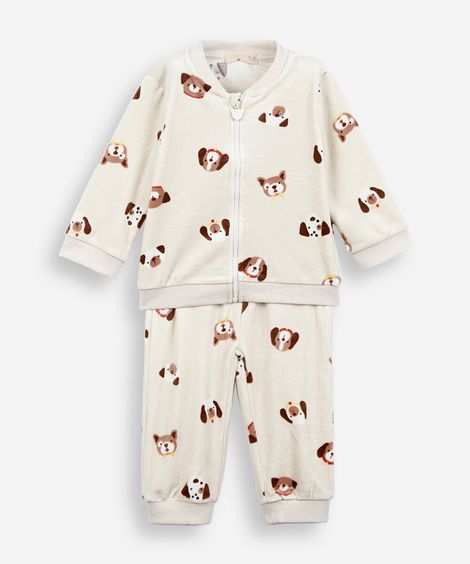 conjunto longo infantil de plush cachorrinhos bege