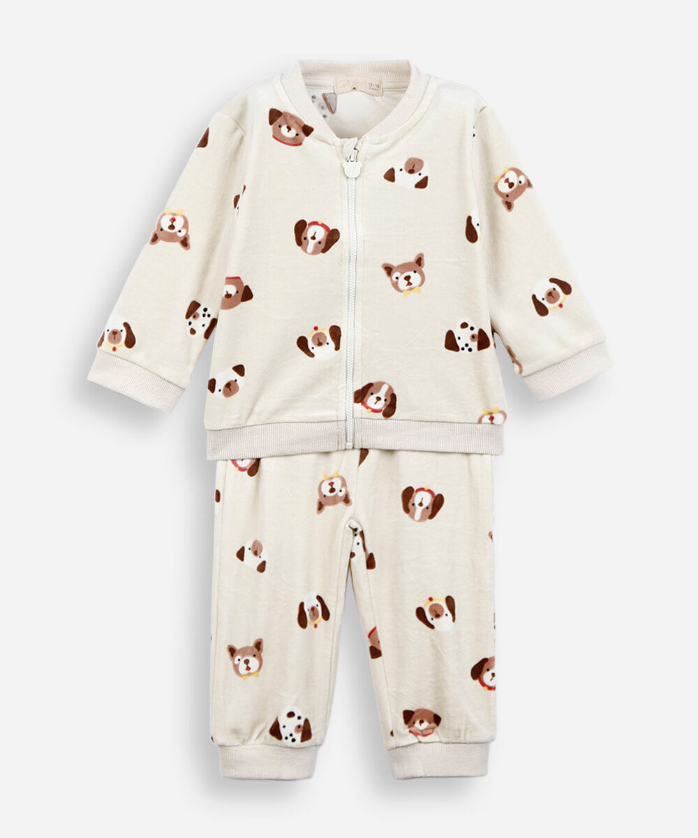 conjunto longo infantil de plush cachorrinhos bege