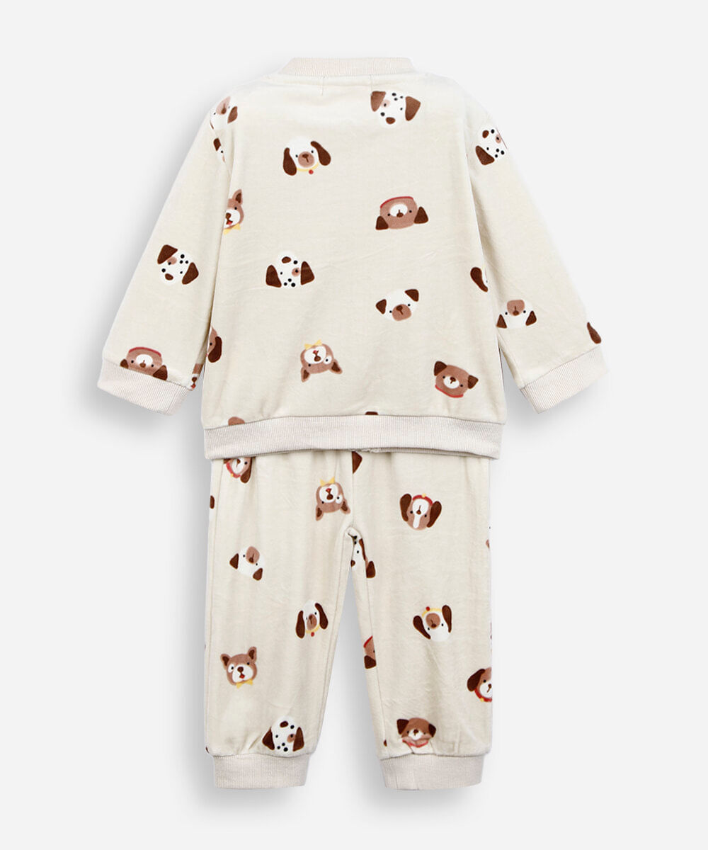conjunto longo infantil de plush cachorrinhos bege