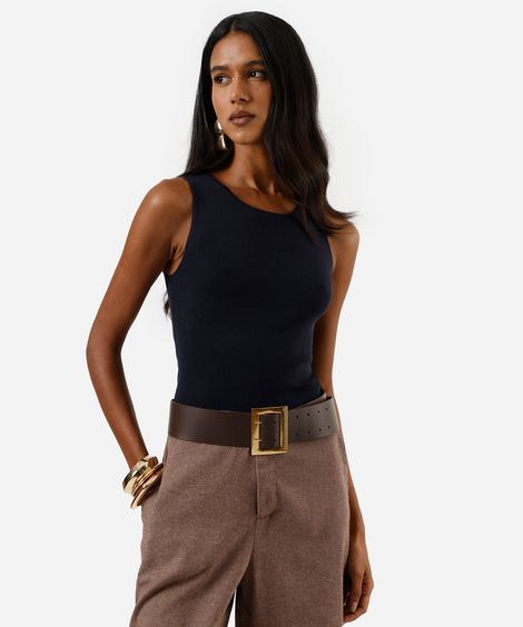 regata feminina de tricot decote redondo azul