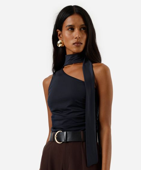 blusa ombro único feminina franzida com amarração azul