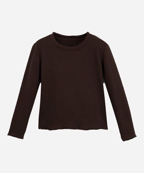 blusa infantil manga longa texturizada com fru fru marrom