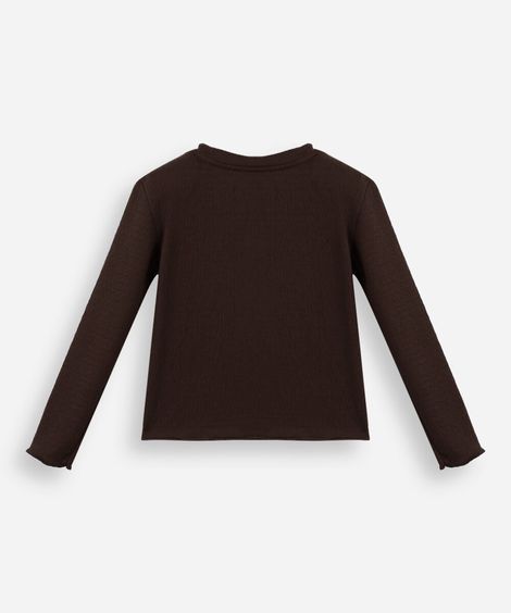 blusa infantil manga longa texturizada com fru fru marrom