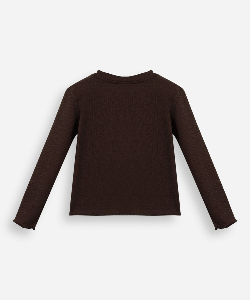 blusa infantil manga longa texturizada com fru fru marrom