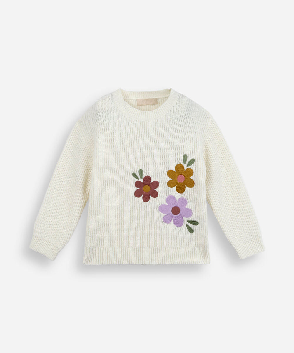 suéter infantil de tricot bordado bege