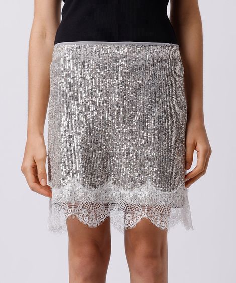 minissaia feminina de paetê com renda mindset prateada