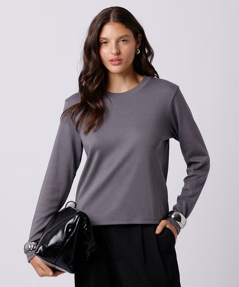 camiseta slim feminina de algodão peruano manga longa mindset cinza