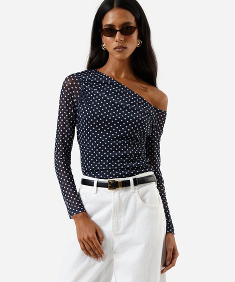 blusa feminina de tule assimétrica manga longa poá azul