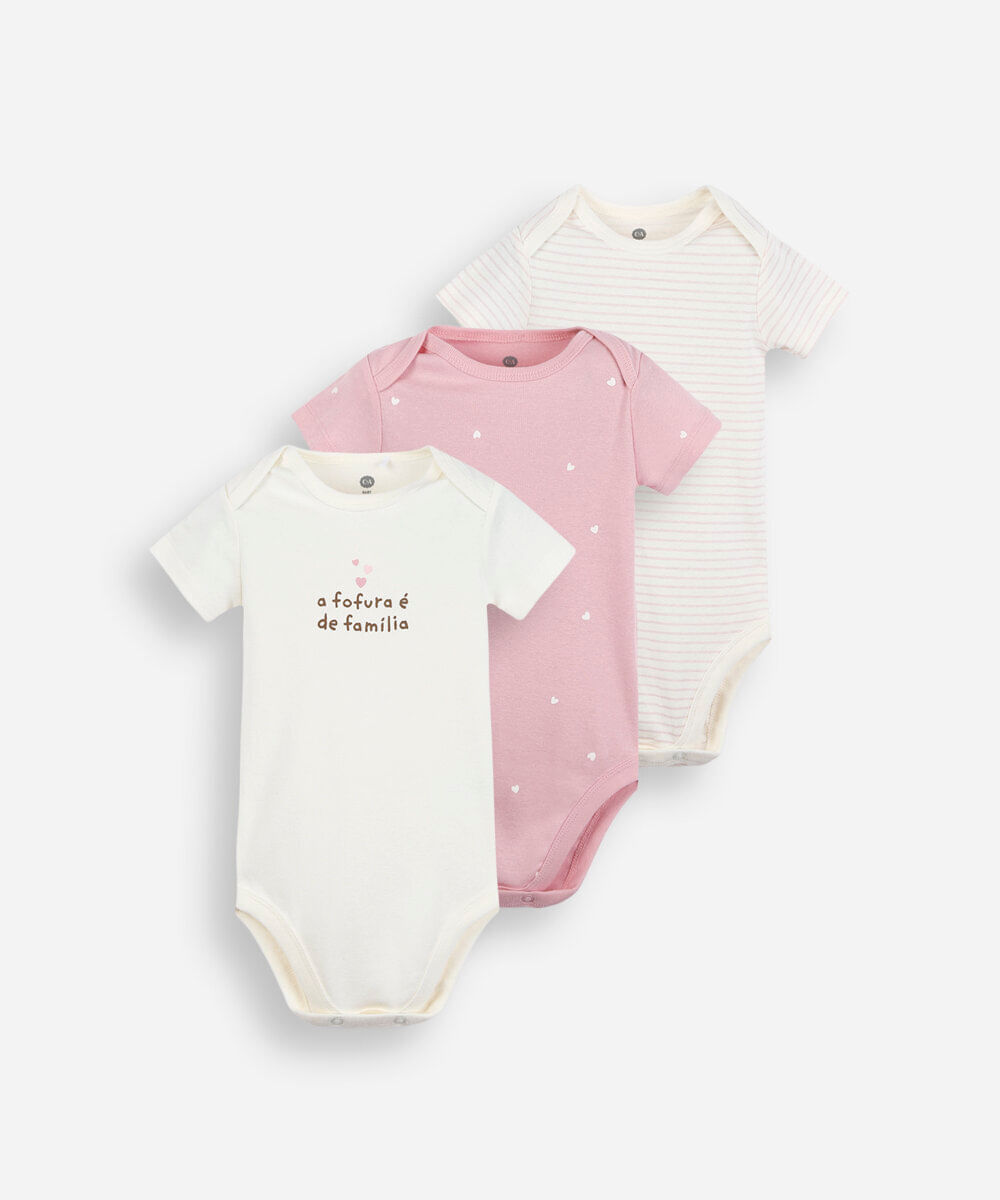 kit de 3 bodies infantil de algodão estampado colorido