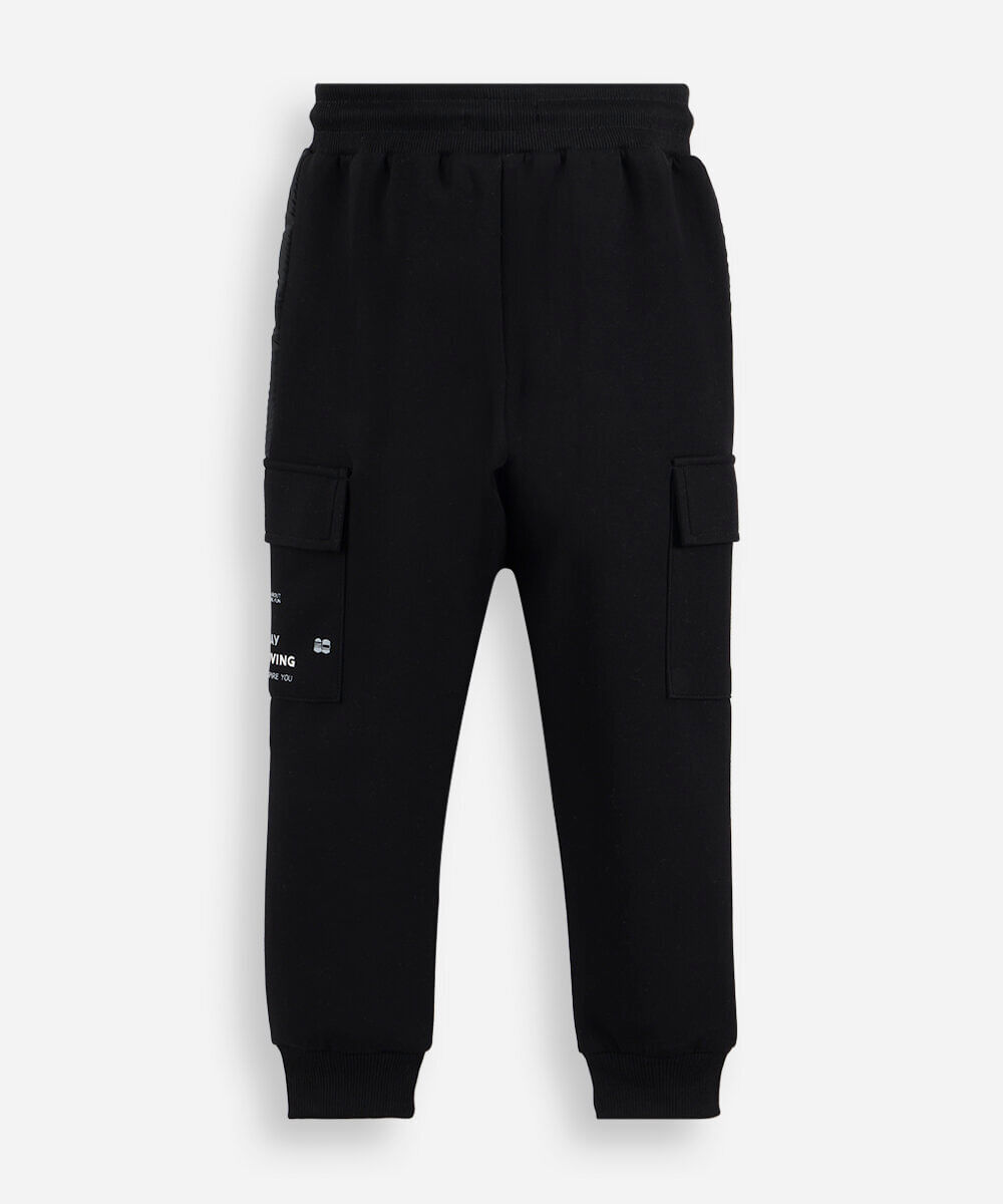 calça jogger cargo infantil de moletom com recortes preta