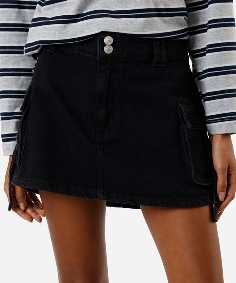 minissaia cargo feminina jeans cintura média preta