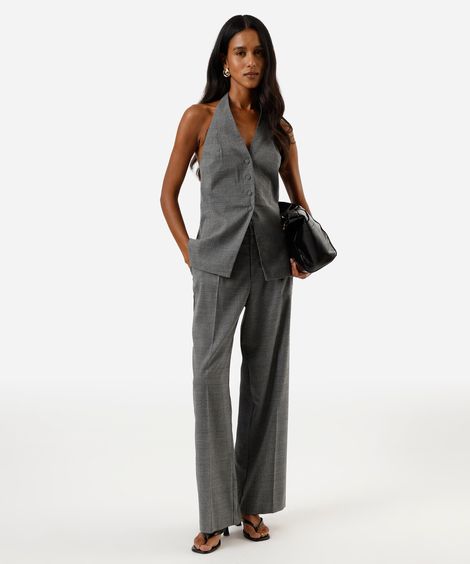 calça de alfaiataria feminina com pregas xadrez cinza