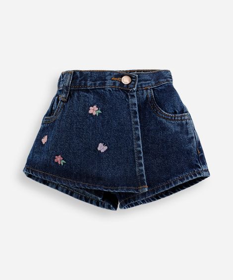 short saia infantil jeans bordado flores azul
