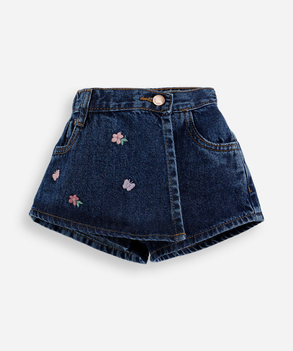 short saia infantil jeans bordado flores azul