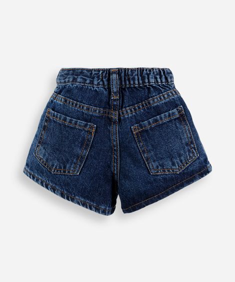 short saia infantil jeans bordado flores azul