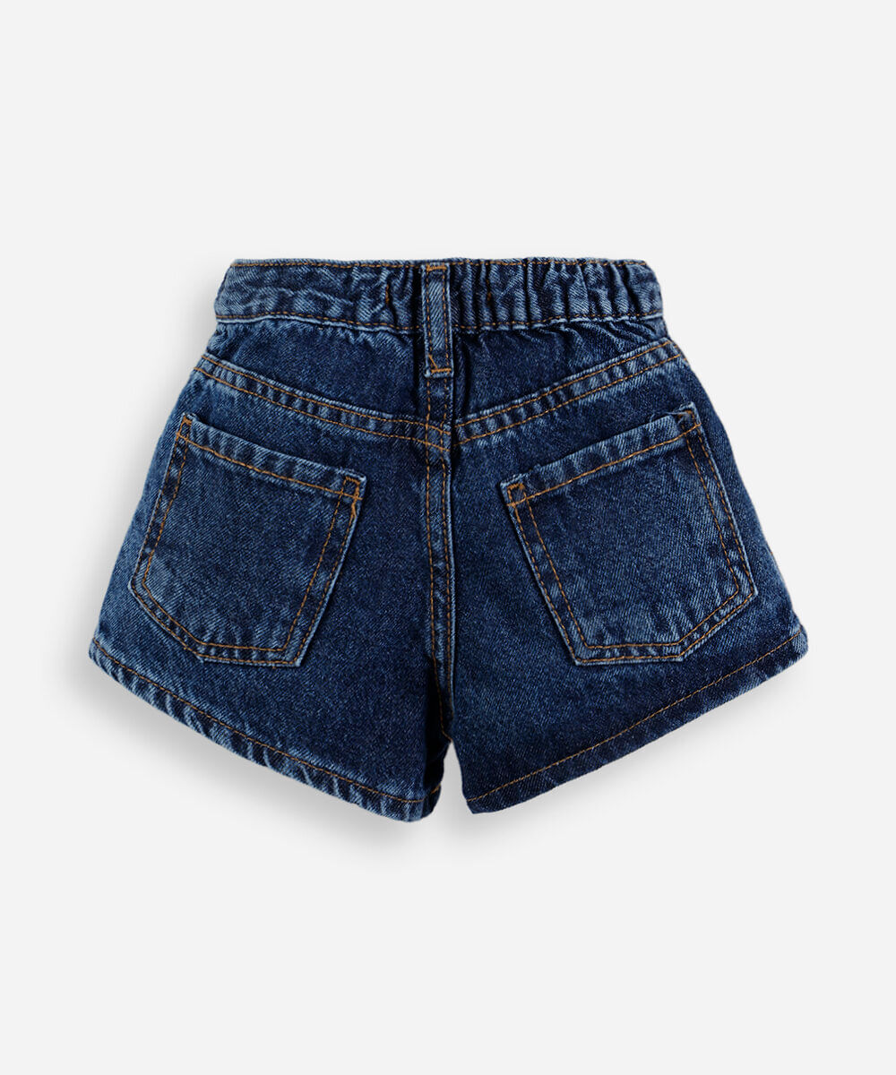 short saia infantil jeans bordado flores azul
