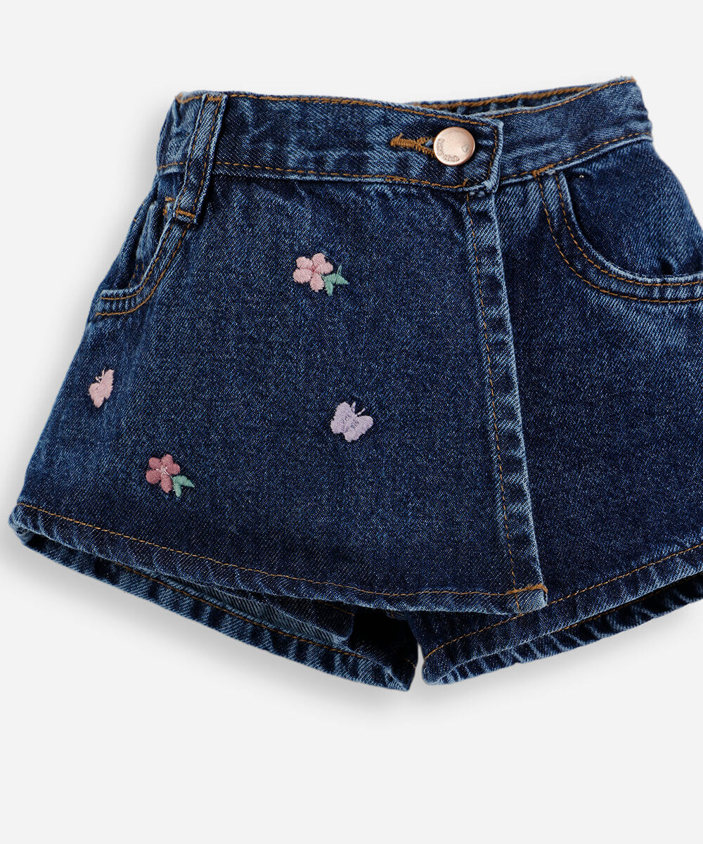 short saia infantil jeans bordado flores azul