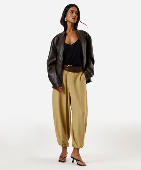 calça balloon de alfaiataria feminina com viscose bege