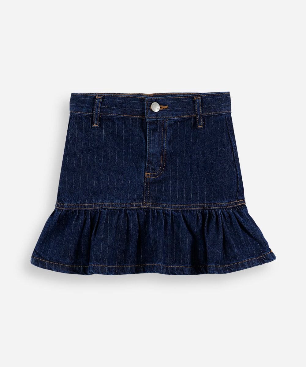 saia infantil jeans babado listra risca de giz azul