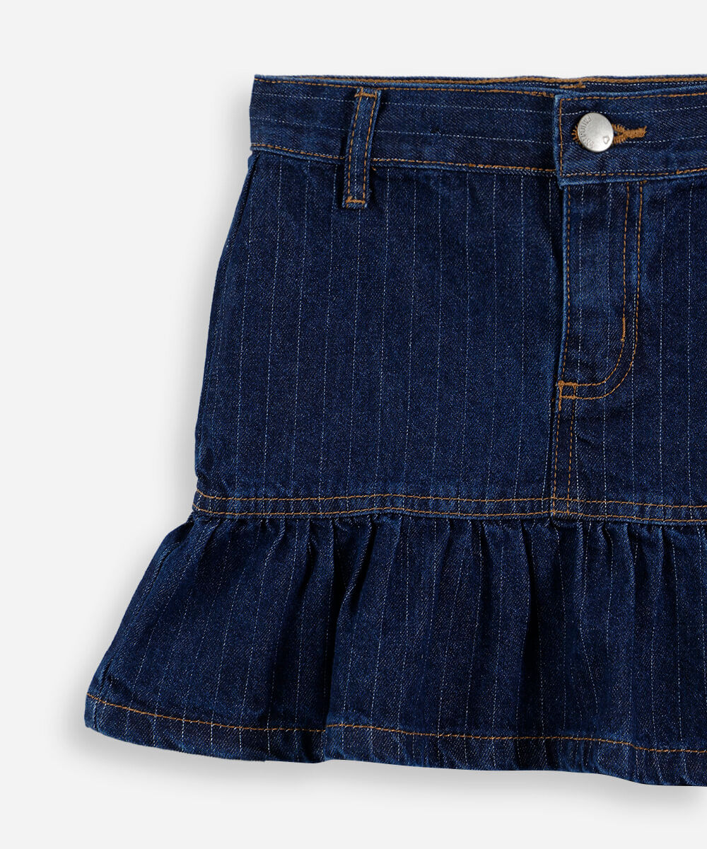 saia infantil jeans babado listra risca de giz azul