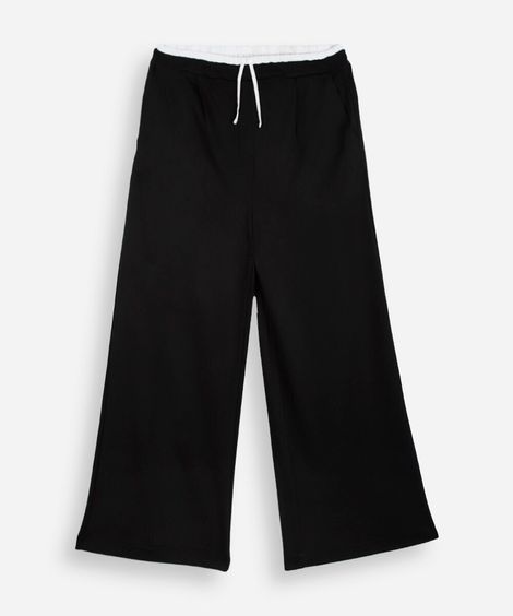 calça wide leg juvenil de moletom cós elástico preta