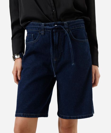 bermuda reta feminina jeans com cordão cintura média azul