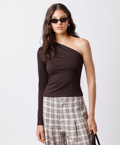 blusa ombro único feminina com viscose manga longa mindset marrom