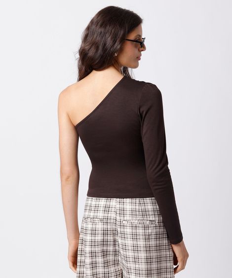 blusa ombro único feminina com viscose manga longa mindset marrom