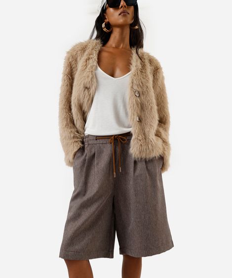 short feminino de alfaiataria com amarração marrom