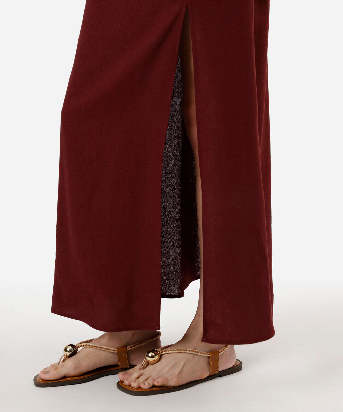 vestido longo alça fina feminino com linho e fenda vinho