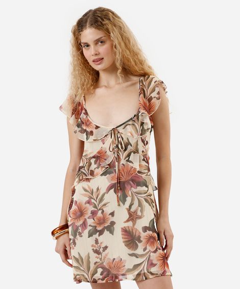 vestido curto feminino com lurex e babados floral colorido