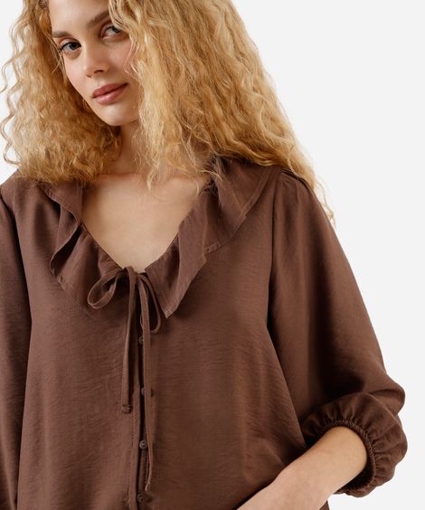 bata feminina com viscose e babados manga longa marrom