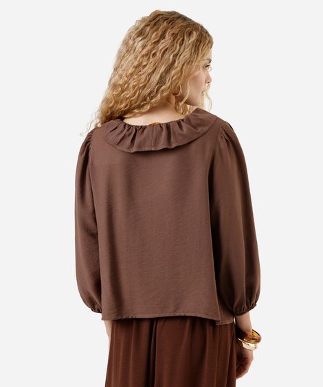 bata feminina com viscose e babados manga longa marrom