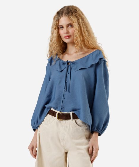 bata feminina com viscose e babados manga longa azul