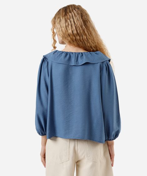 bata feminina com viscose e babados manga longa azul