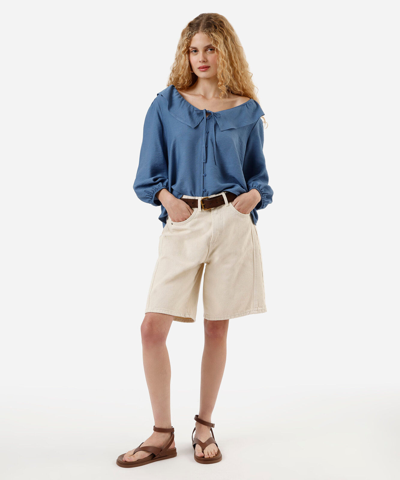 bata feminina com viscose e babados manga longa azul