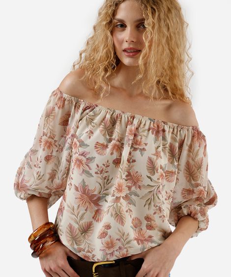 blusa ombro a ombro feminina manga bufante floral off white