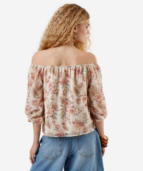 blusa ombro a ombro feminina manga bufante floral off white