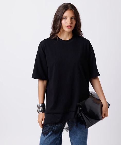camiseta alongada feminina de algodão com renda mindset preta
