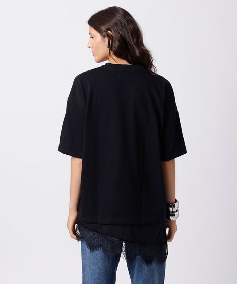 camiseta alongada feminina de algodão com renda mindset preta