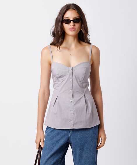 blusa peplum feminina de algodão alça fina xadrez mindset marrom