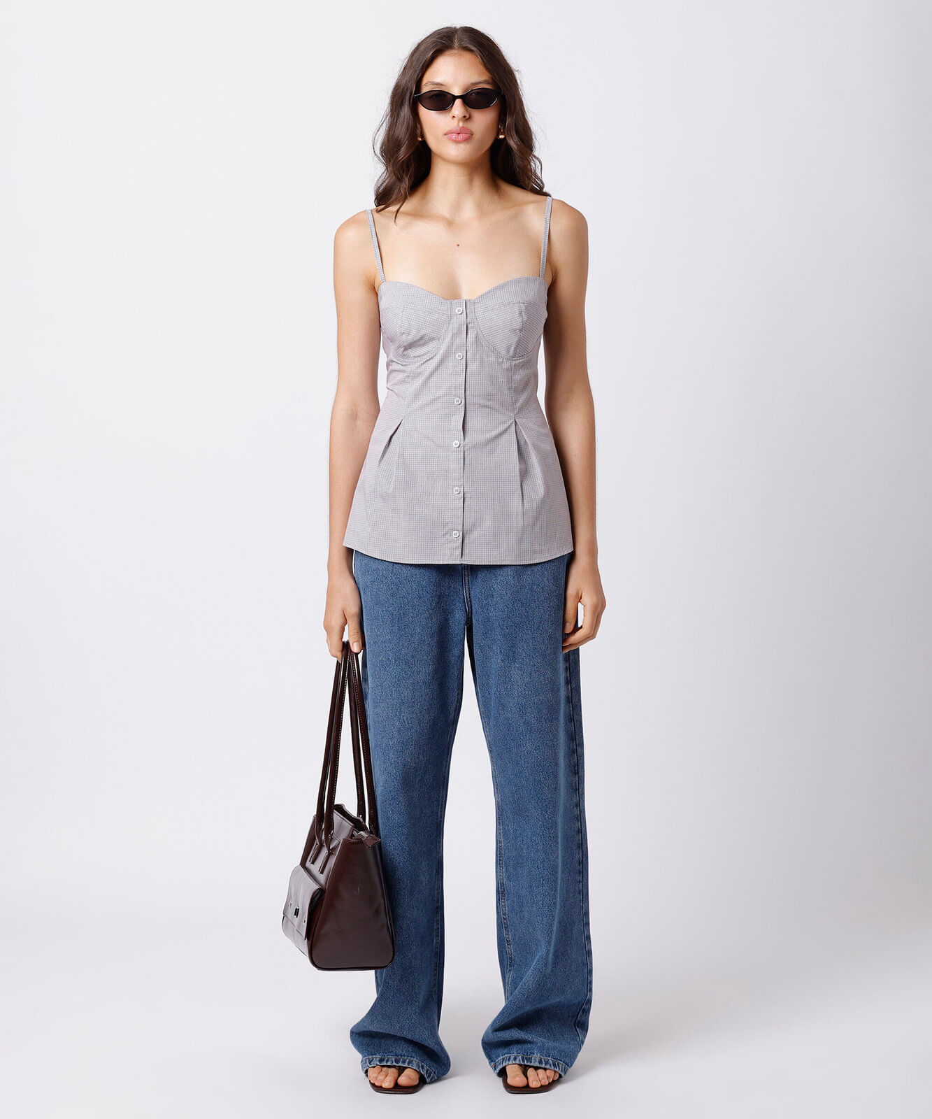 blusa peplum feminina de algodão alça fina xadrez mindset marrom