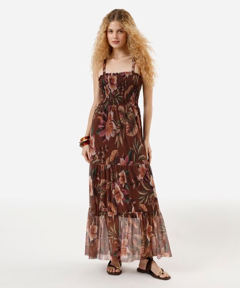 vestido de tule com lastex estampa encanto do mar marrom