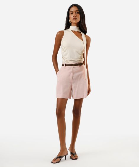 bermuda de alfaiataria feminina com linho rosa