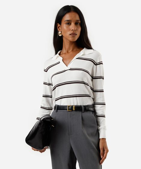 polo feminina em tricot manga longa listrada off white