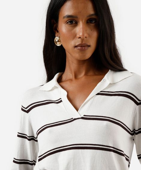 polo feminina em tricot manga longa listrada off white