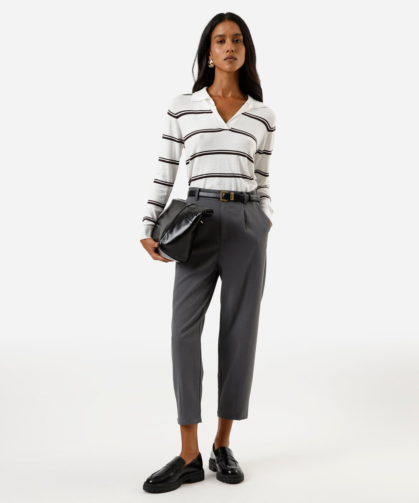 polo feminina em tricot manga longa listrada off white