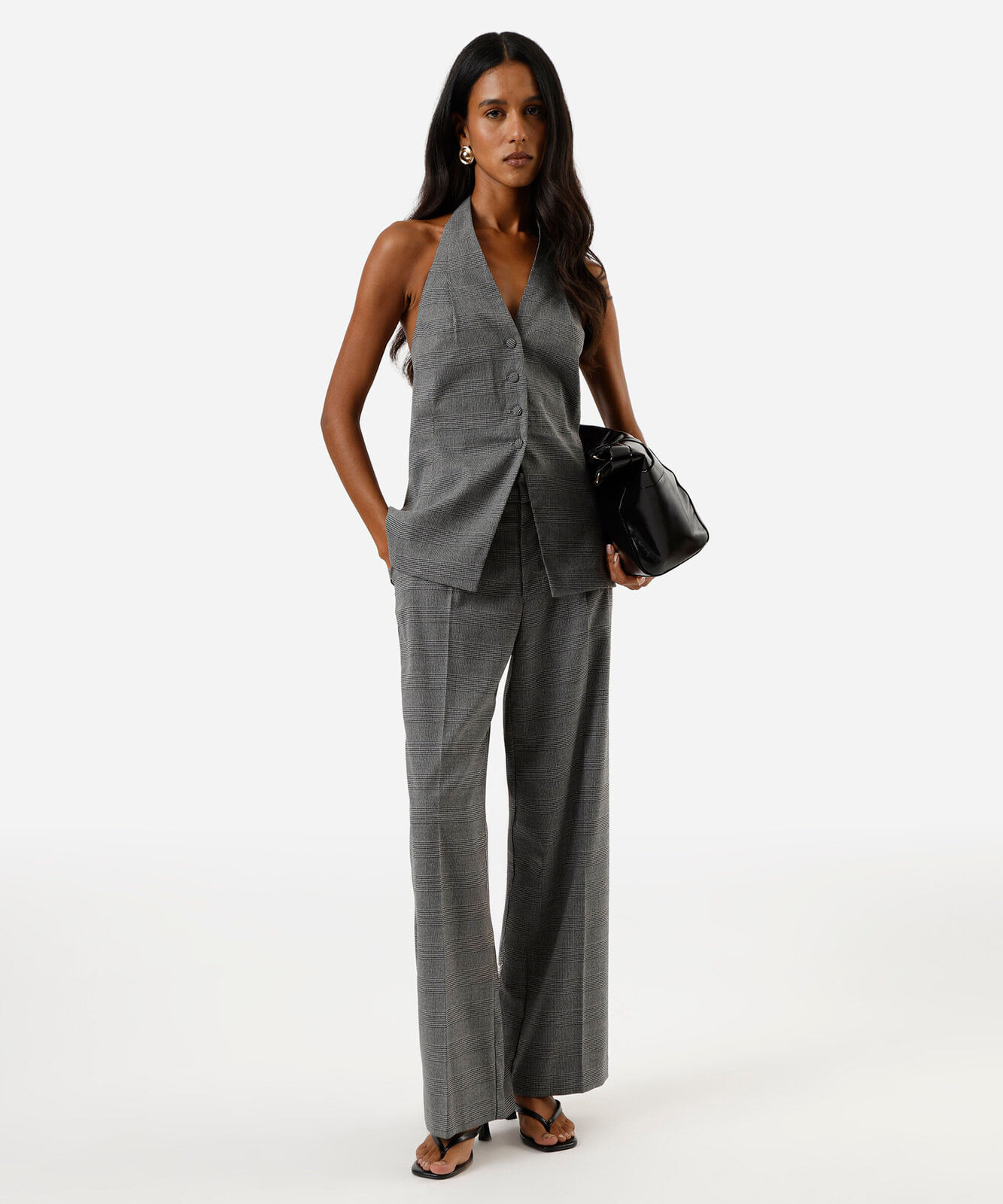 blusa feminina frente única xadrez cinza